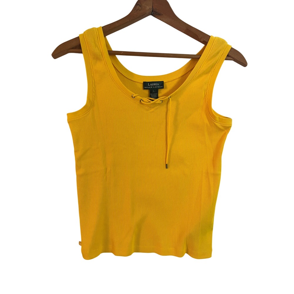 Lauren Ralph Lauren Yellow Ribbed Lace Up Tank Top Large Cotton Scoop Neck